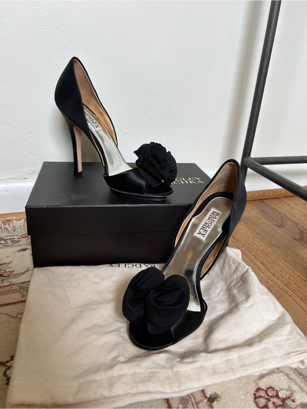 Badgley Mischka Black Satin Peep-Toe Pumps with Floral Appliqué